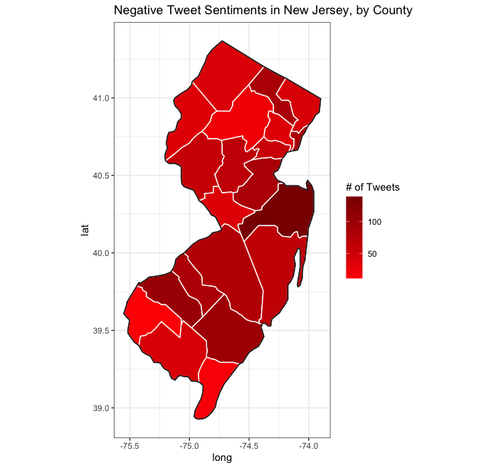 New Jersey Negative Tweet Sentiments, by County